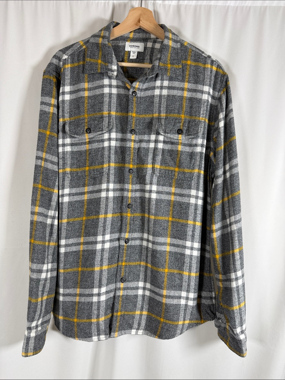 Sonoma Gray Plaid Flannel Shirt with Yellow Windowpane